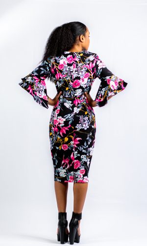 Black Pink Floral Dress With Bell Sleeves
