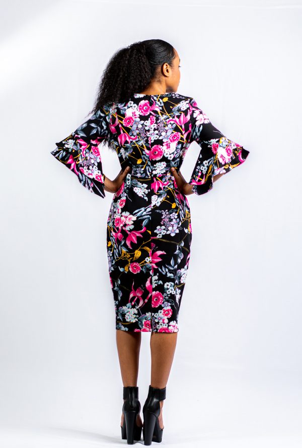 Black Pink Floral Dress With Bell Sleeves